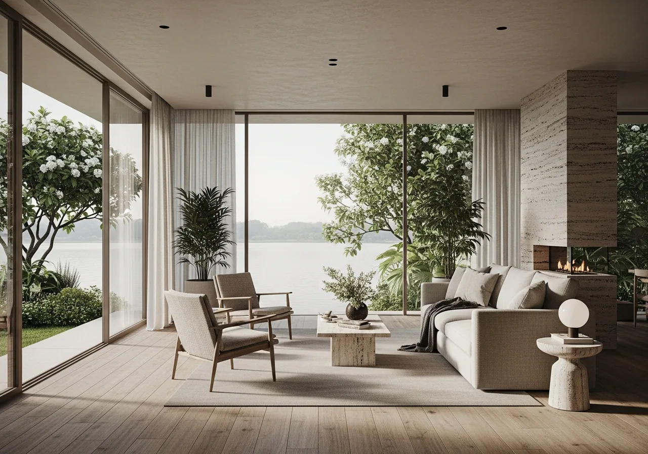 Lake-facing living room interior